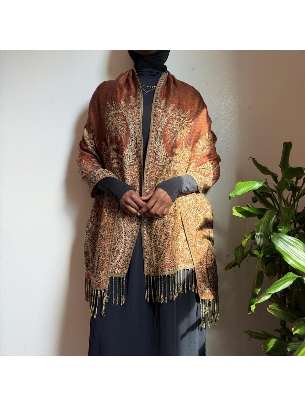 Paisley Pashmina boho Wrap Shawl reversible scarf with Fringe Rust Gold
